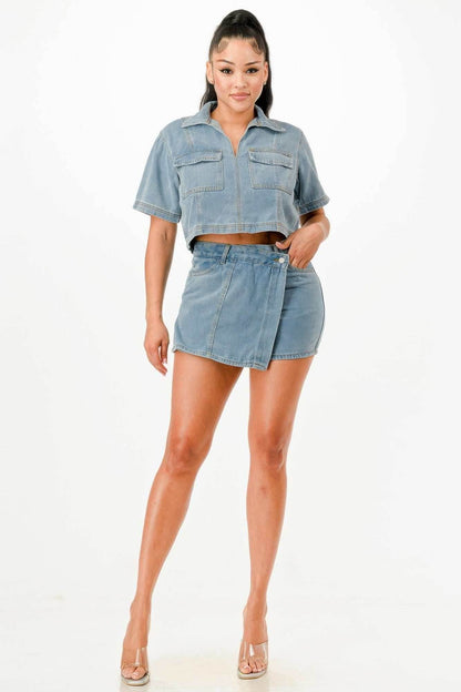 Cropped Denim Shirt And Skort Set - Purcell's Clothing Company