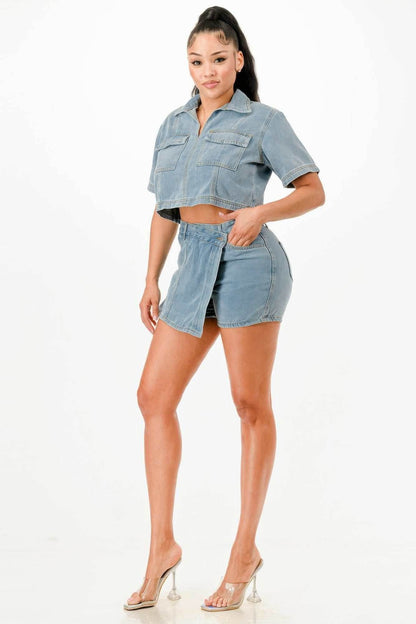 Cropped Denim Shirt And Skort Set - Purcell's Clothing Company