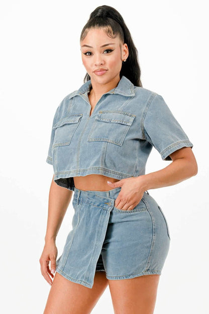 Cropped Denim Shirt And Skort Set - Purcell's Clothing Company