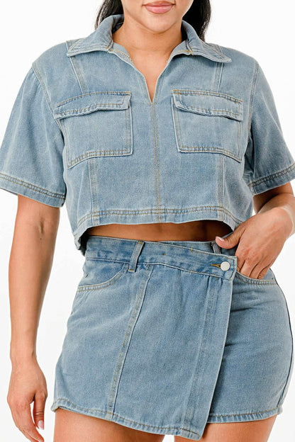 Cropped Denim Shirt And Skort Set - Purcell's Clothing Company