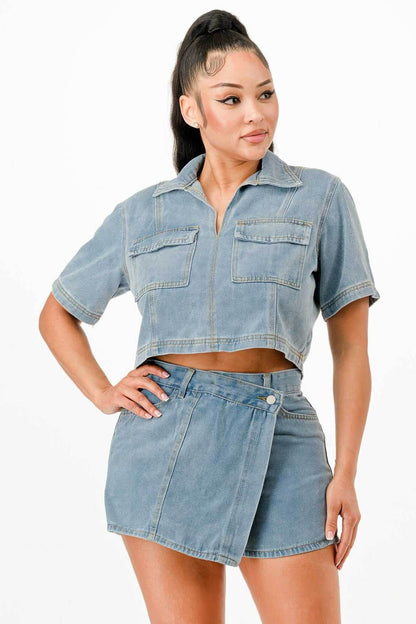 Cropped Denim Shirt And Skort Set - Purcell's Clothing Company