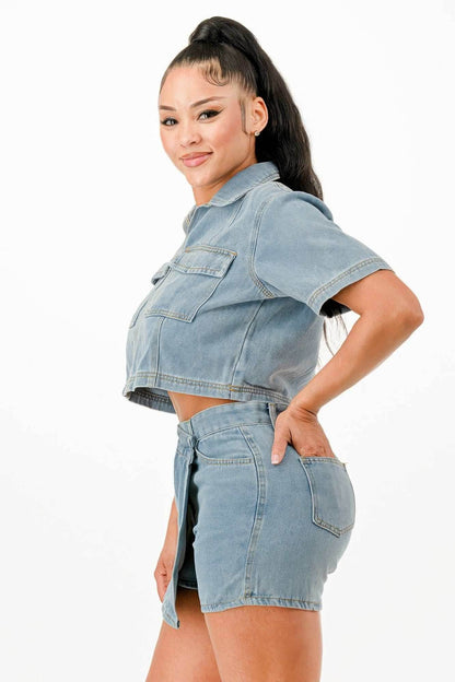 Cropped Denim Shirt And Skort Set - Purcell's Clothing Company