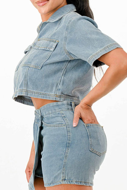Cropped Denim Shirt And Skort Set - Purcell's Clothing Company