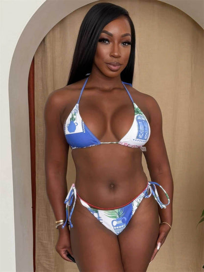 Blue & White Mediterranean Print Tie Bikini Set - Purcell's Clothing Company