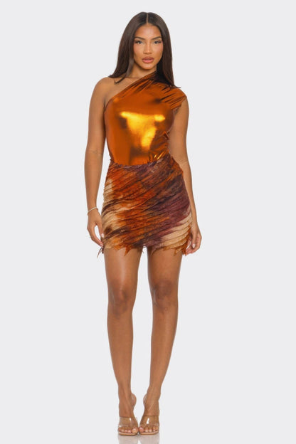 Metallic One Shoulder Bodysuit & Mini Skirt Set - Purcell's Clothing Company