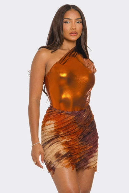 Metallic One Shoulder Bodysuit & Mini Skirt Set - Purcell's Clothing Company