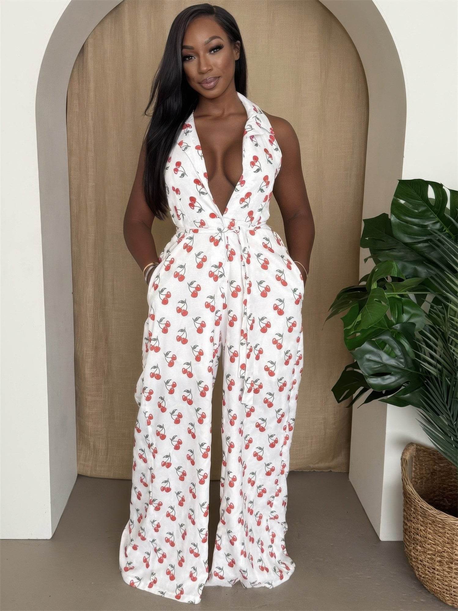 Cherry Print Halter Wide-leg Jumpsuit - Purcell's Clothing Company