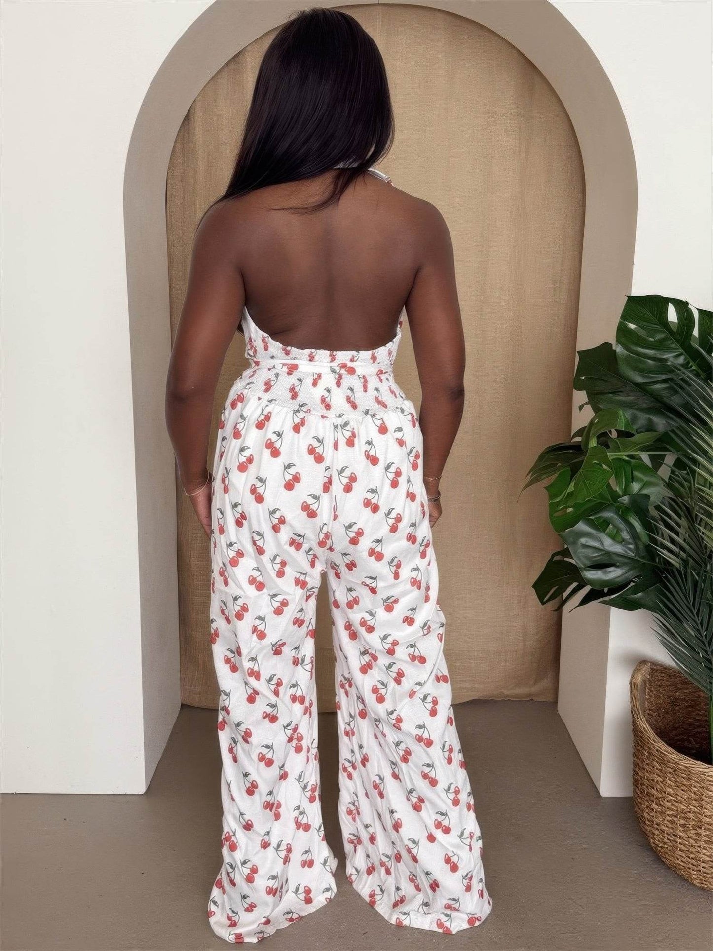Cherry Print Halter Wide-leg Jumpsuit - Purcell's Clothing Company