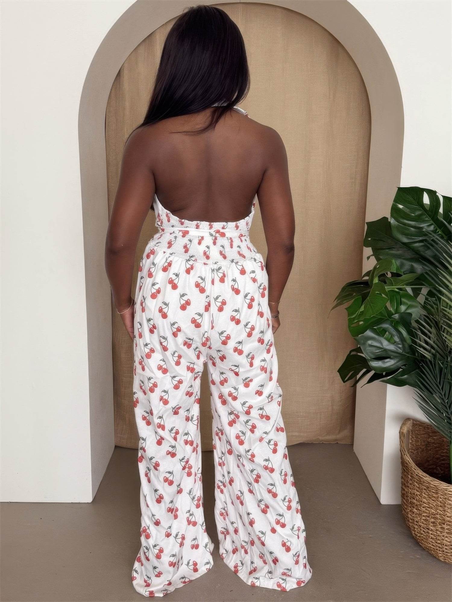 Cherry Print Halter Wide-leg Jumpsuit - Purcell's Clothing Company