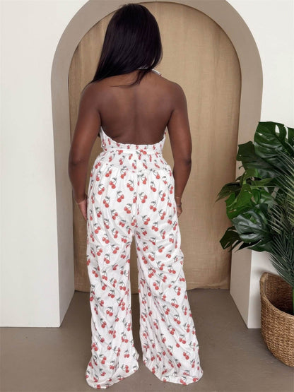 Cherry Print Halter Wide-leg Jumpsuit - Purcell's Clothing Company