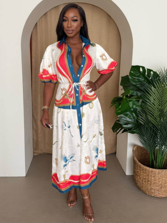 Crane & Nautical Belted Midi Dress Ivory Multi - Purcell's Clothing Company