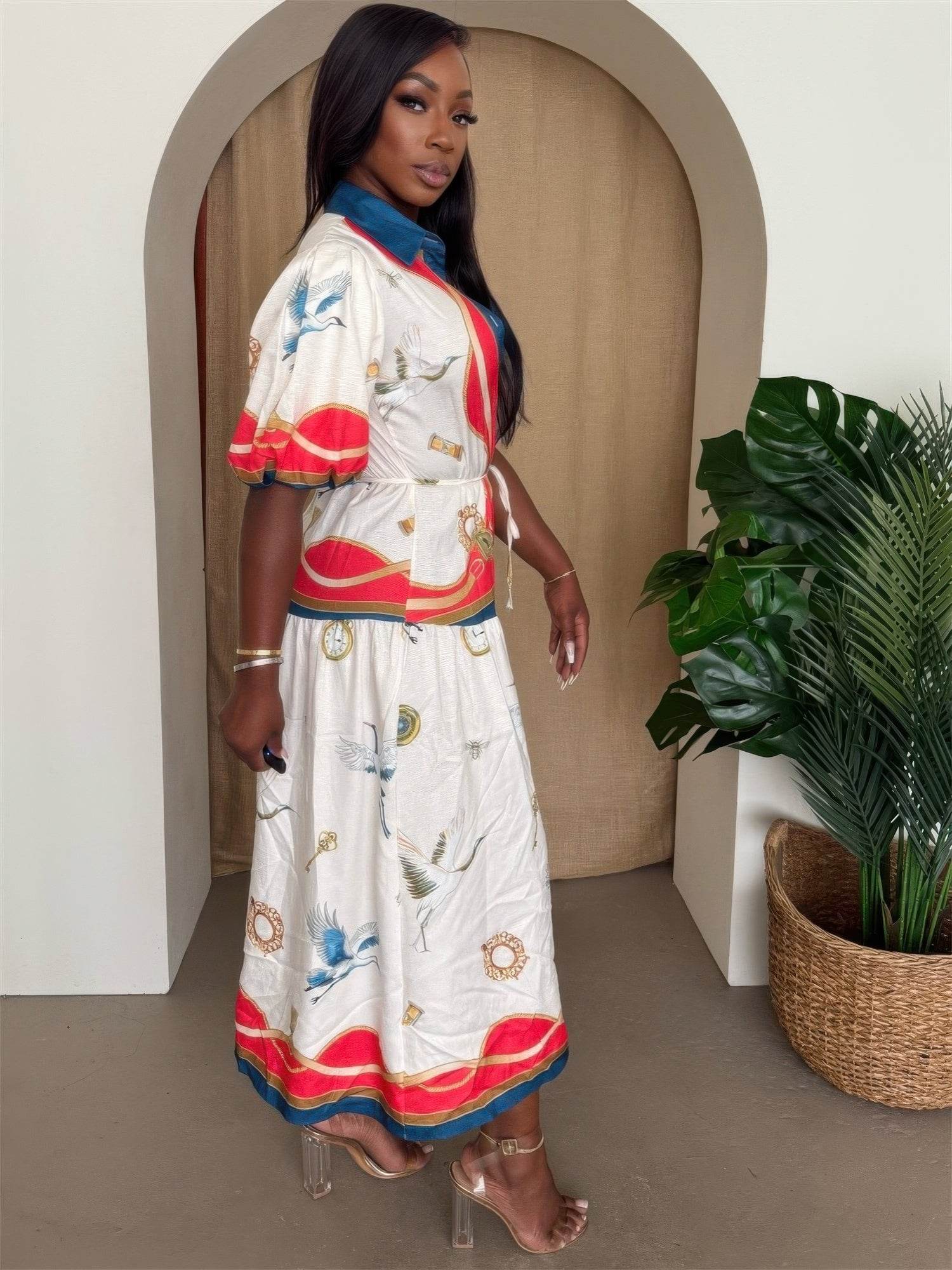 Crane & Nautical Belted Midi Dress Ivory Multi - Purcell's Clothing Company