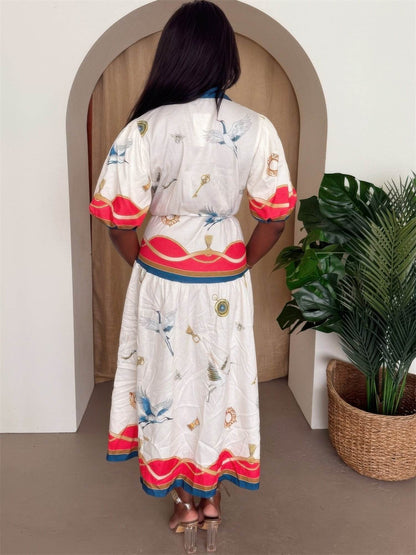 Crane & Nautical Belted Midi Dress Ivory Multi - Purcell's Clothing Company