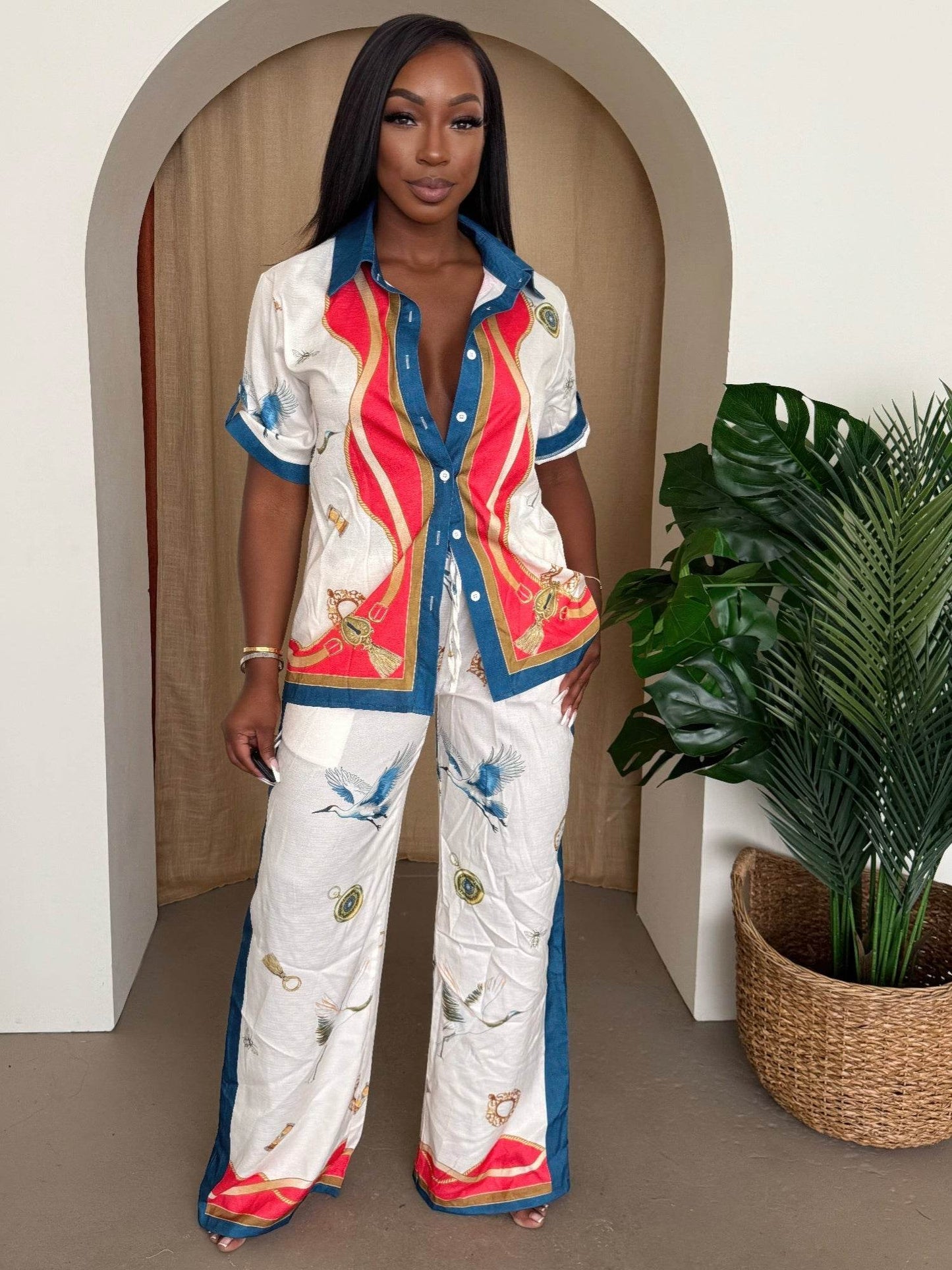 Crane & Nautical Print Shirt Pant Set Ivory Multi - Purcell's Clothing Company