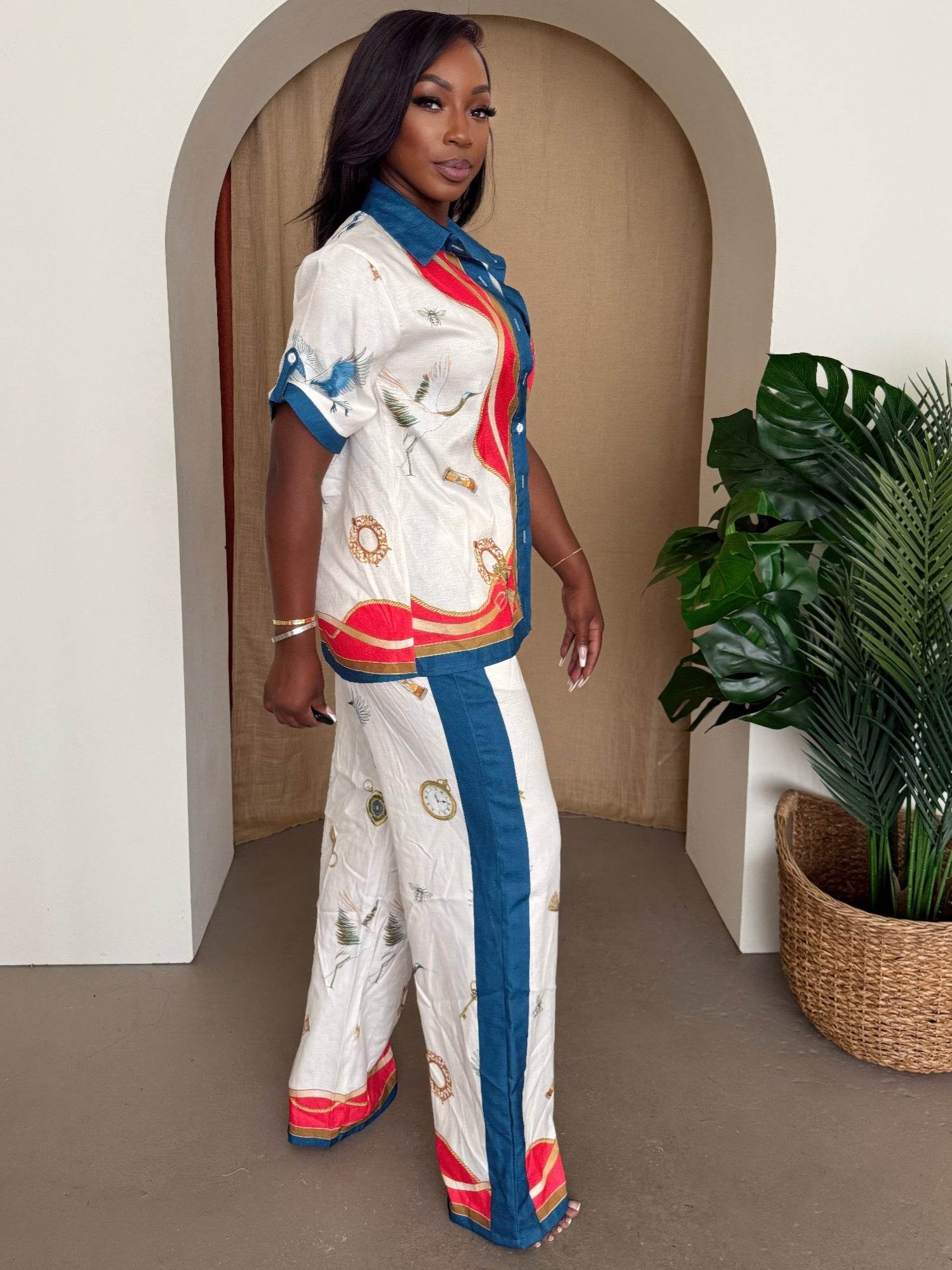 Crane & Nautical Print Shirt Pant Set Ivory Multi - Purcell's Clothing Company