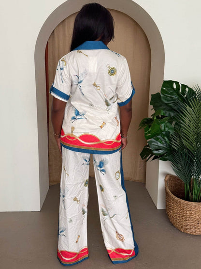 Crane & Nautical Print Shirt Pant Set Ivory Multi - Purcell's Clothing Company