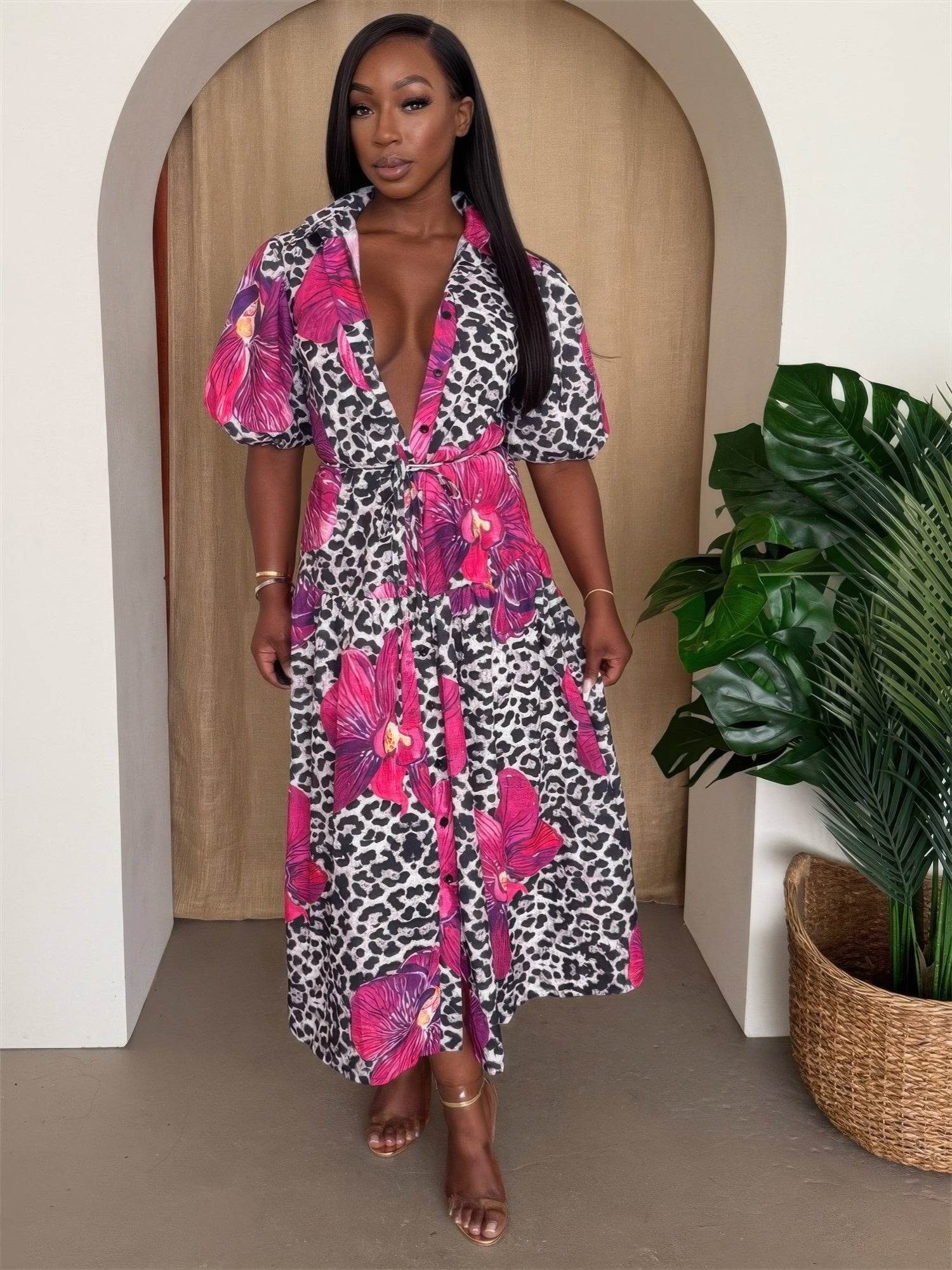 Orchid Pop Puff Sleeve Midi Resort Dress - Purcell's Clothing Company