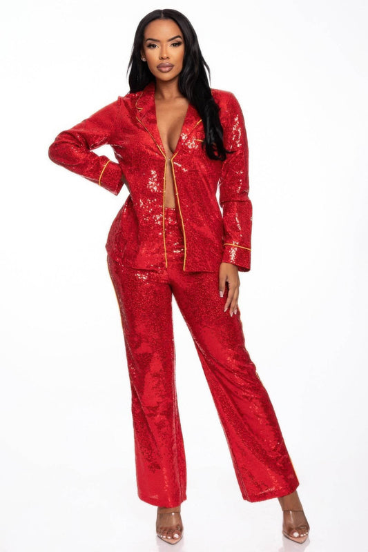 Sequin Collared Two Piece Set - Purcell's Clothing Company