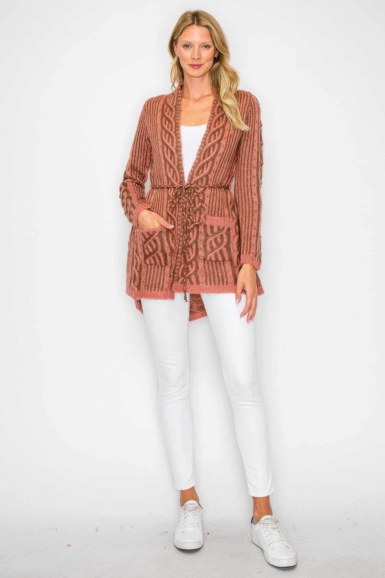 Open Wool Cardigan With Belt String & Front Pocket - Purcell's Clothing Company