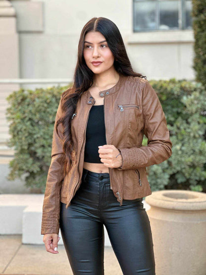 Woman Fashion Hooded Faux Leather Jacket - Purcell's Clothing Company