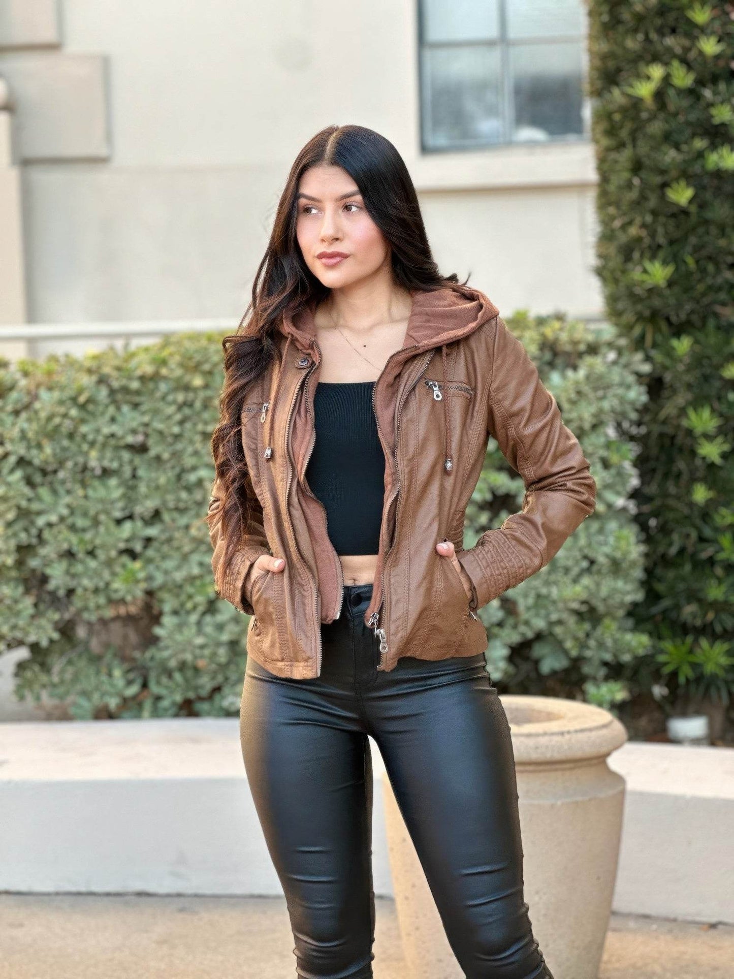 Woman Fashion Hooded Faux Leather Jacket - Purcell's Clothing Company