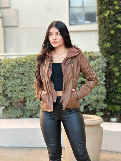 Woman Fashion Hooded Faux Leather Jacket - Purcell's Clothing Company