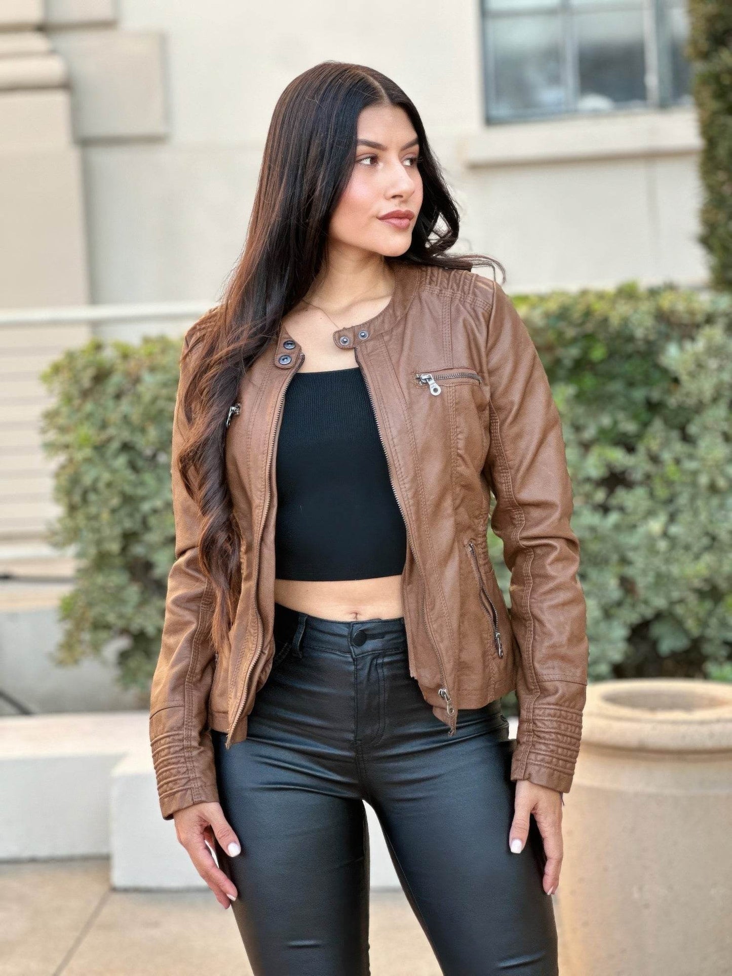 Woman Fashion Hooded Faux Leather Jacket - Purcell's Clothing Company