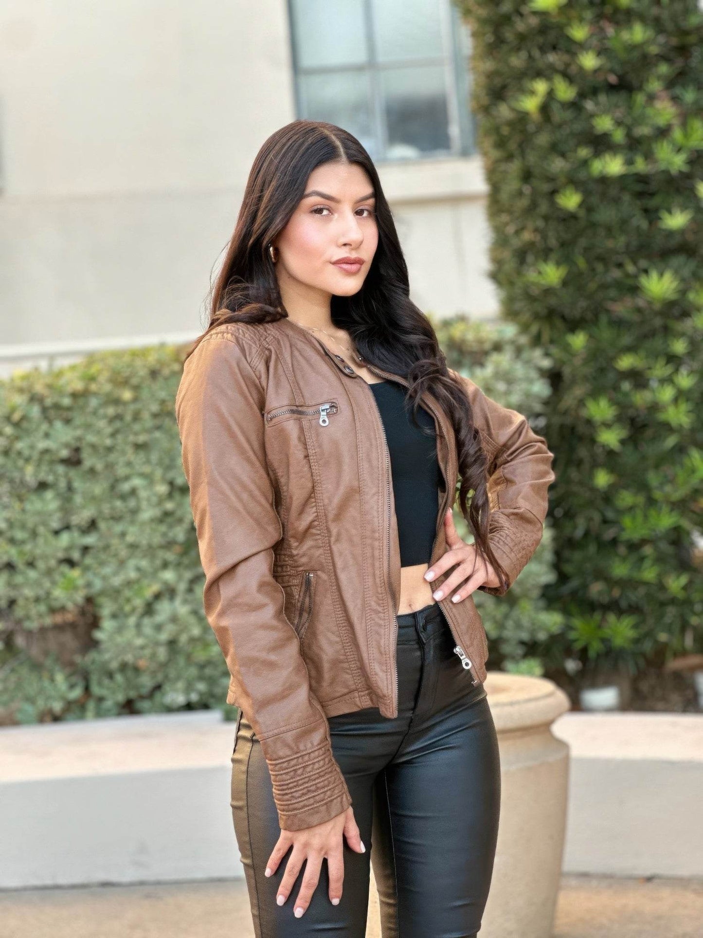 Woman Fashion Hooded Faux Leather Jacket - Purcell's Clothing Company