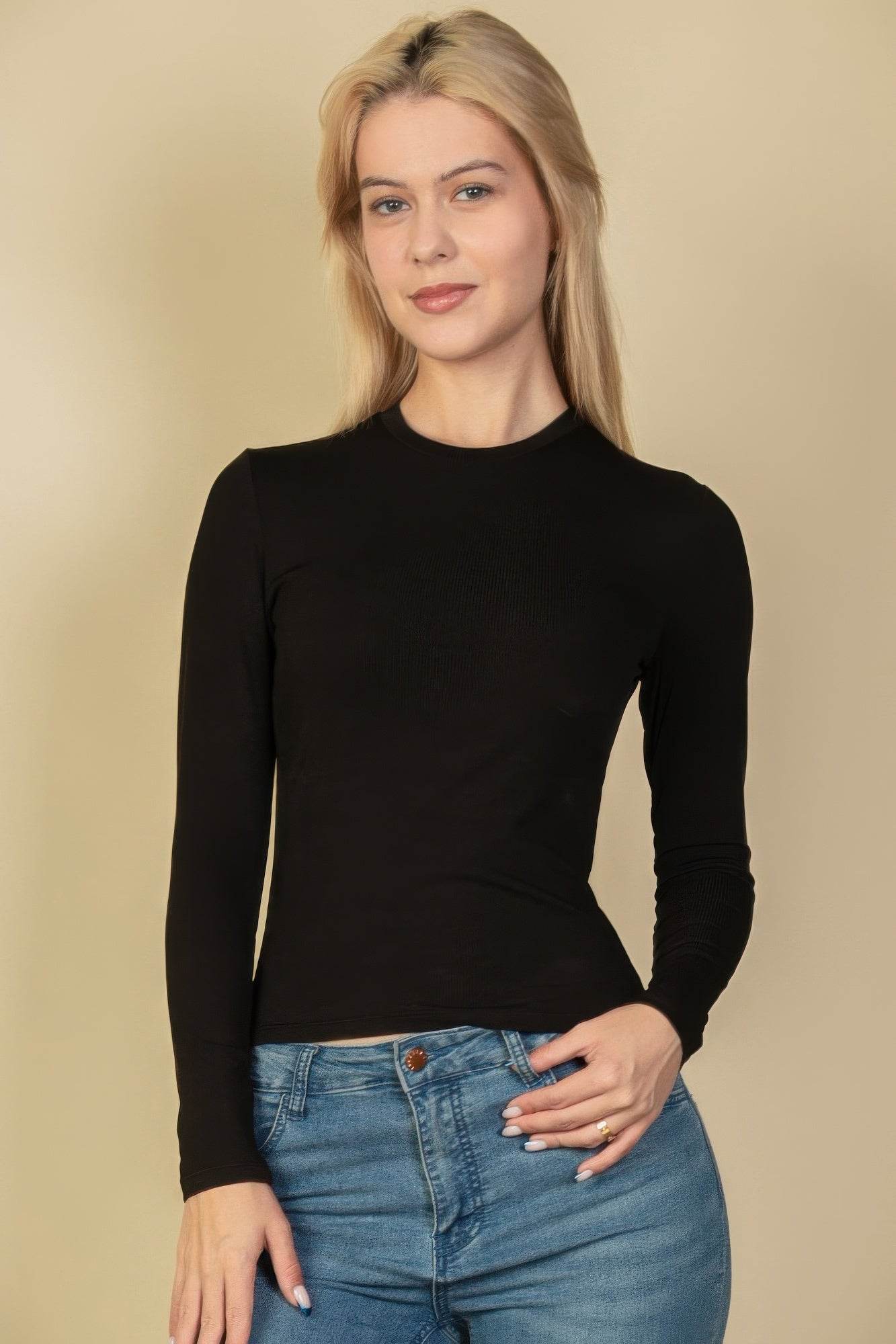 Ribbed Round Neck Long Sleeve Top - Purcell's Clothing Company