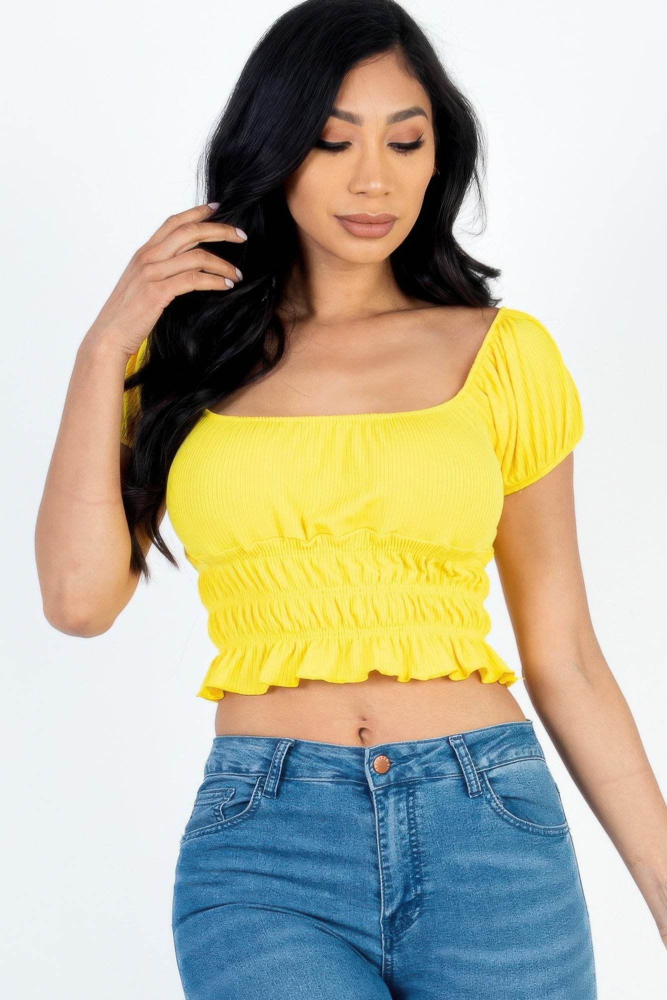 Casual Ruched Puff Sleeve Ribbed Knit Solid Top - Purcell's Clothing Company