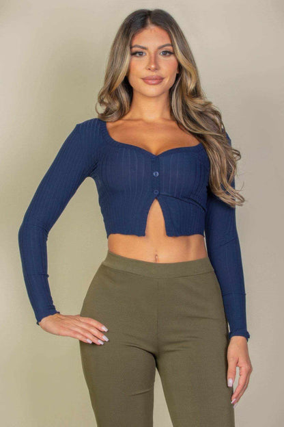 Ribbed Button Front Split Long Sleeve Top - Purcell's Clothing Company