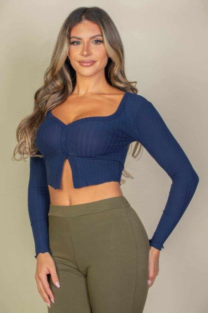 Ribbed Button Front Split Long Sleeve Top - Purcell's Clothing Company