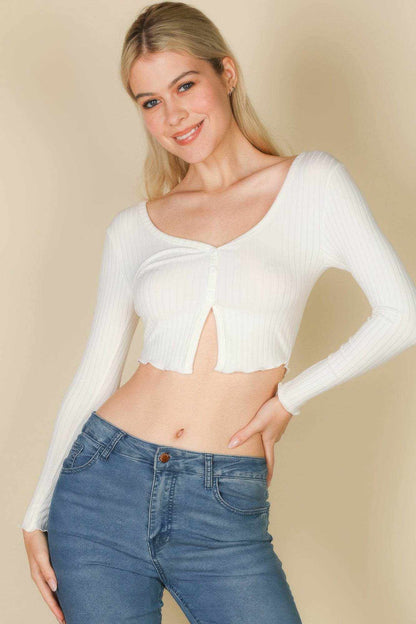 Ribbed Button Front Split Long Sleeve Top - Purcell's Clothing Company