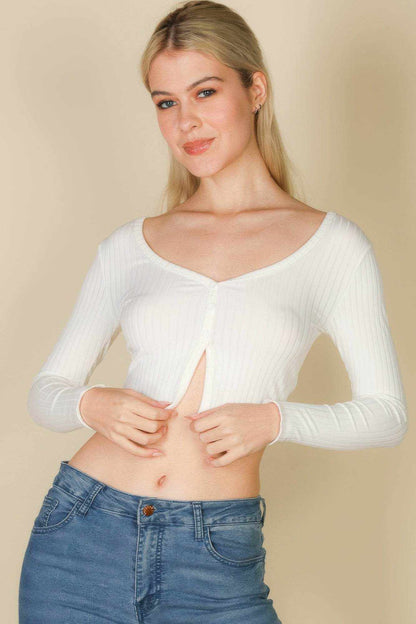 Ribbed Button Front Split Long Sleeve Top - Purcell's Clothing Company
