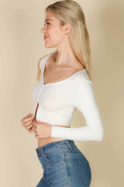 Ribbed Button Front Split Long Sleeve Top - Purcell's Clothing Company