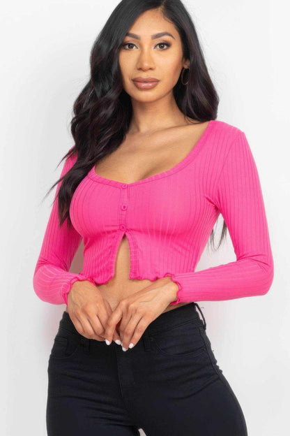 Ribbed Button Front Split Long Sleeve Top - Purcell's Clothing Company