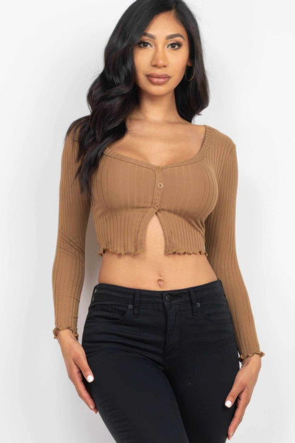 Ribbed Button Front Split Long Sleeve Top - Purcell's Clothing Company