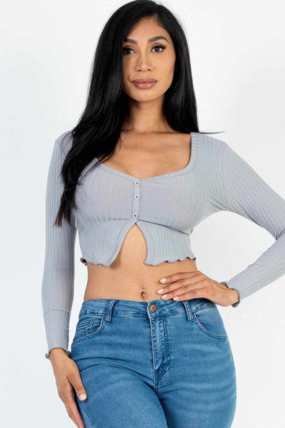 Ribbed Button Front Split Long Sleeve Top - Purcell's Clothing Company