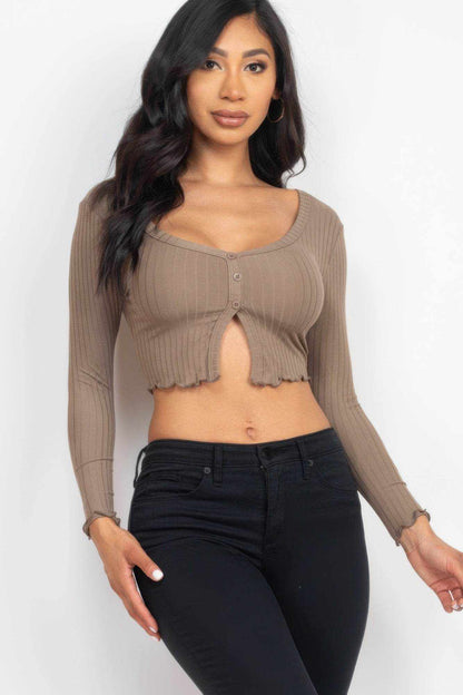 Ribbed Button Front Split Long Sleeve Top - Purcell's Clothing Company