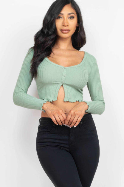 Ribbed Button Front Split Long Sleeve Top - Purcell's Clothing Company