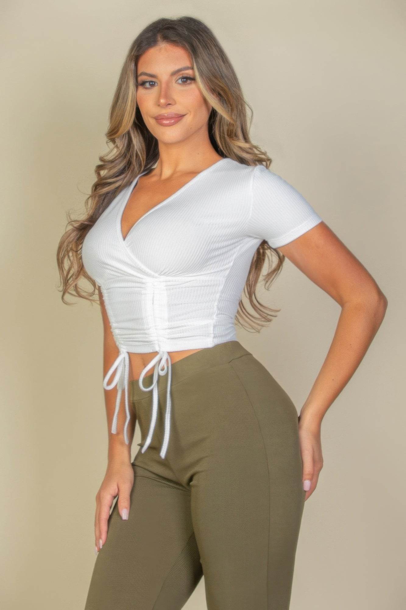 Ribbed Ruched Drawstring Surplice Top - Purcell's Clothing Company