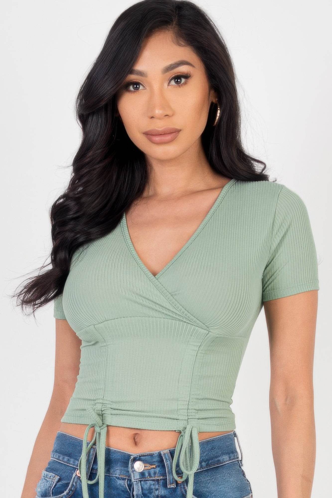 Ribbed Ruched Drawstring Surplice Top - Purcell's Clothing Company