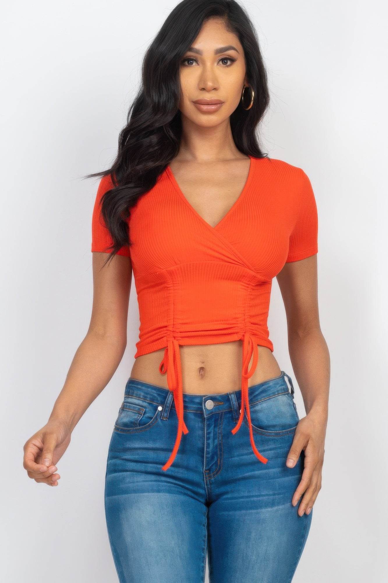 Ribbed Ruched Drawstring Surplice Top - Purcell's Clothing Company