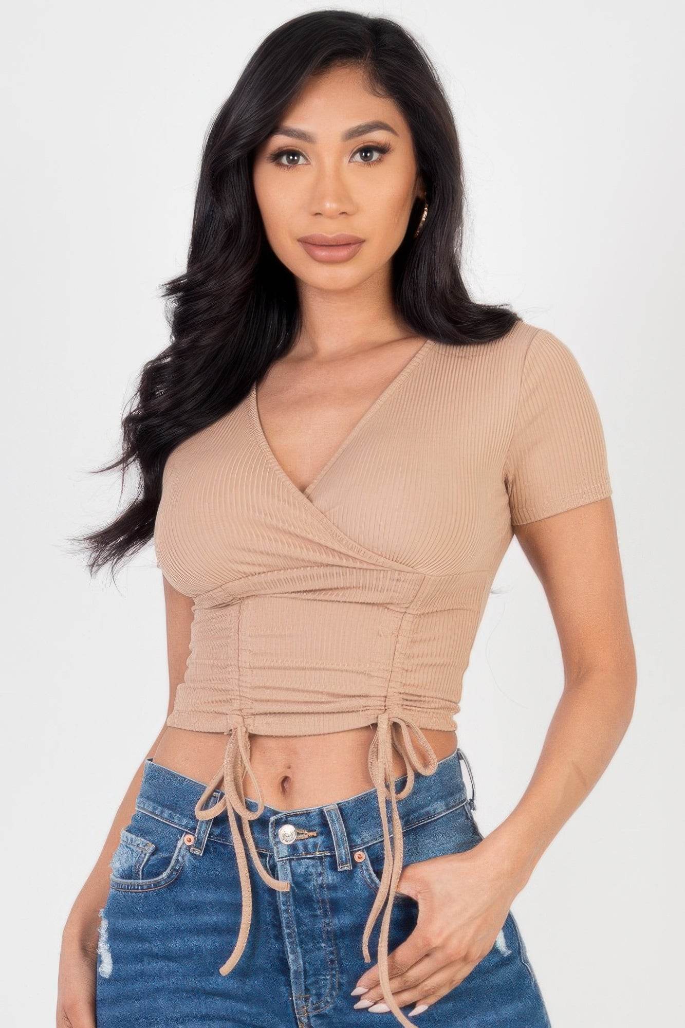 Ribbed Ruched Drawstring Surplice Top - Purcell's Clothing Company
