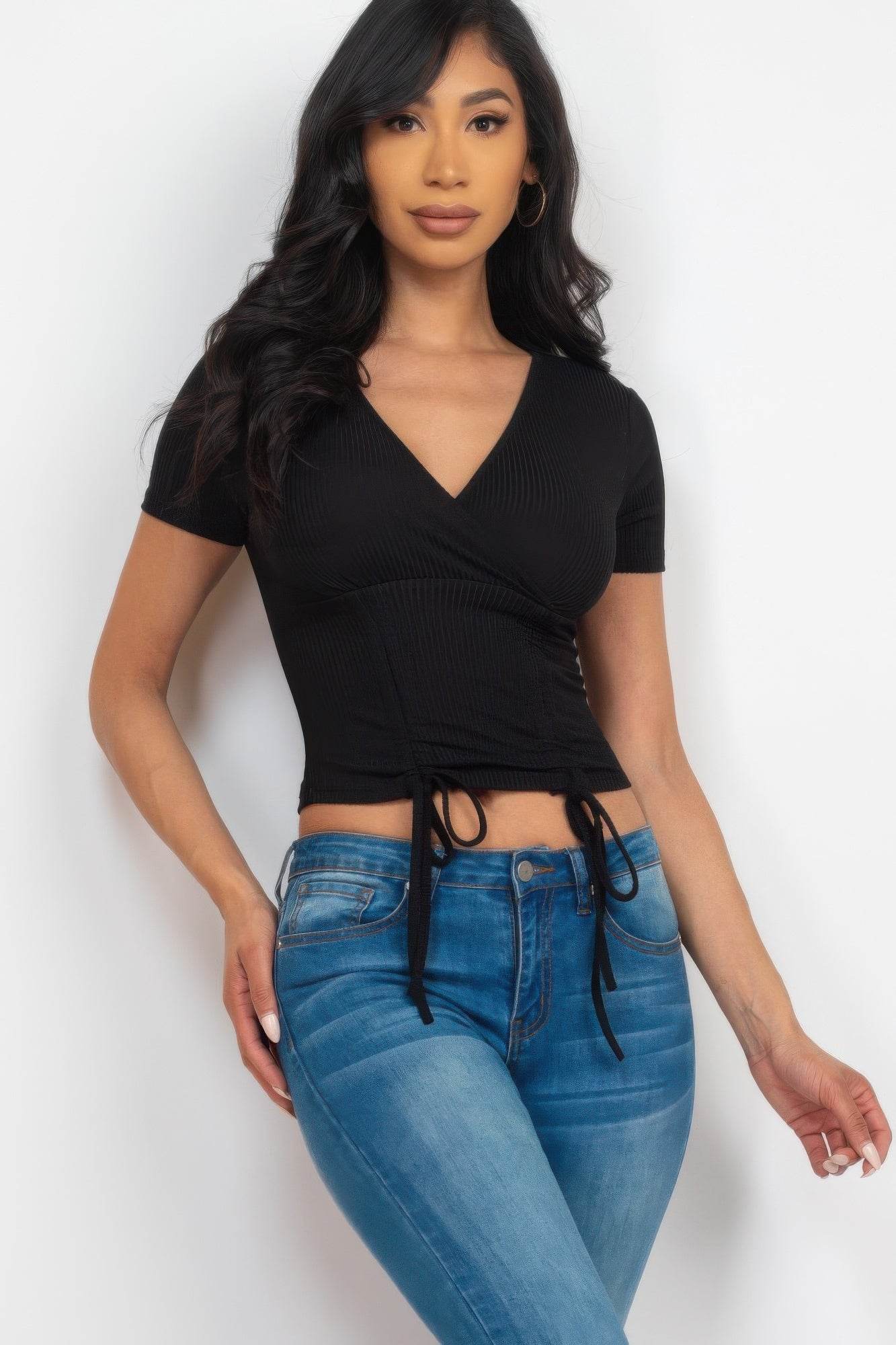 Ribbed Ruched Drawstring Surplice Top - Purcell's Clothing Company