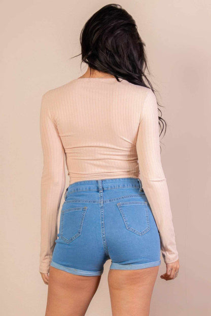 Ribbed Long Sleeve Snap Button Down Crop Top - Purcell's Clothing Company