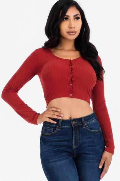 Ribbed Long Sleeve Snap Button Down Crop Top - Purcell's Clothing Company