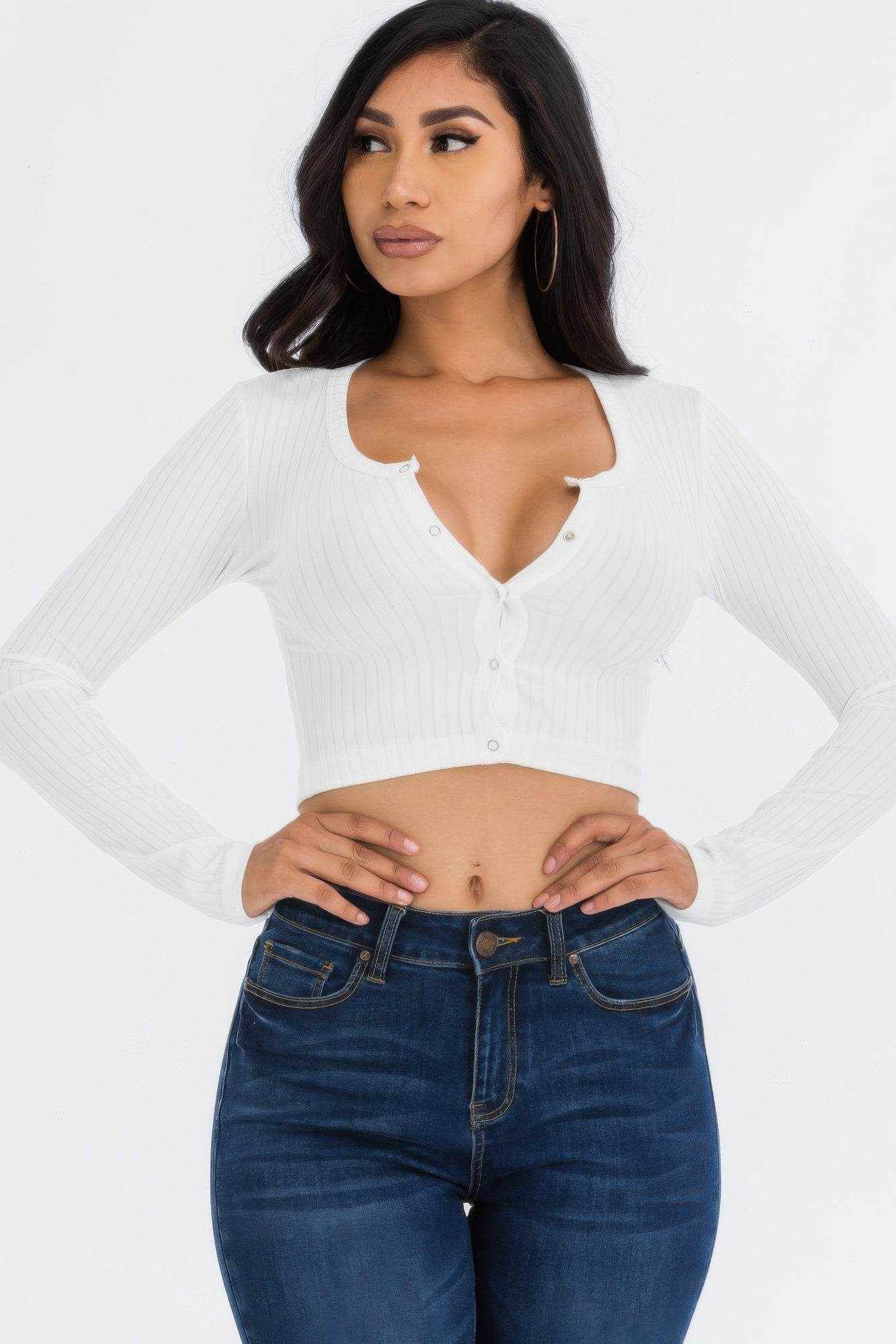 Ribbed Long Sleeve Snap Button Down Crop Top - Purcell's Clothing Company