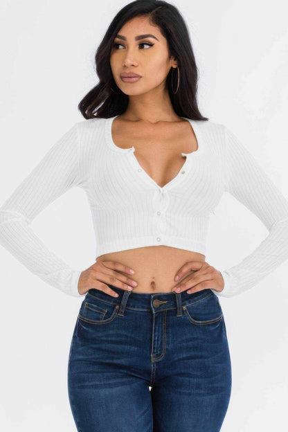 Ribbed Long Sleeve Snap Button Down Crop Top - Purcell's Clothing Company