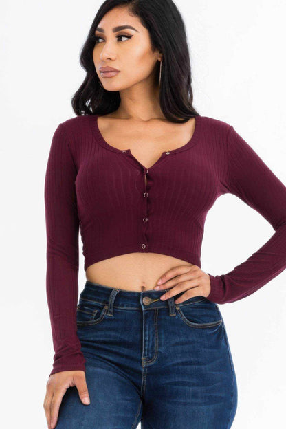 Ribbed Long Sleeve Snap Button Down Crop Top - Purcell's Clothing Company